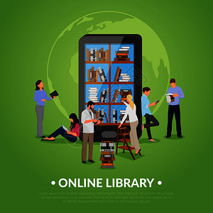 线图书馆与男女智能手机书籍平矢量插图线图书馆插图背景图片