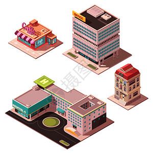 现代建筑物套等距建筑,包括咖啡馆,办公中心,住宅,医院与直升机垫隔离矢量插图等距建筑物插画