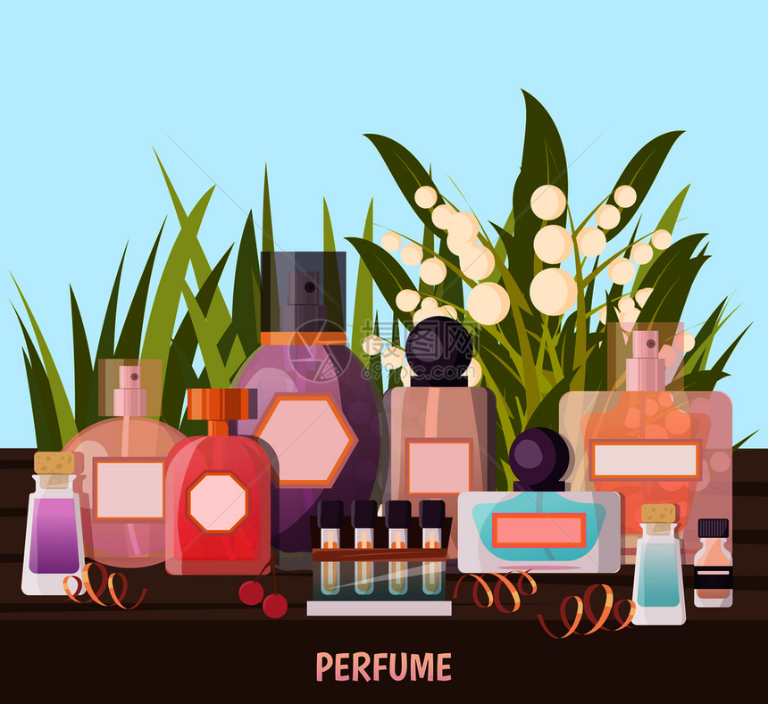 彩色卡通香水店背景与香水样品展览广告矢量插图香水店的背景图片