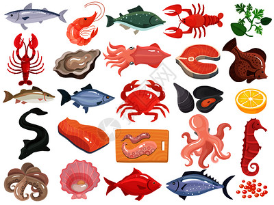 海洋软体动物海鲜晚餐菜单项目平图标大螃蟹,小龙虾,牡蛎,软体动物,金鱼,鲑鱼矢量插图海鲜平图标大集插画
