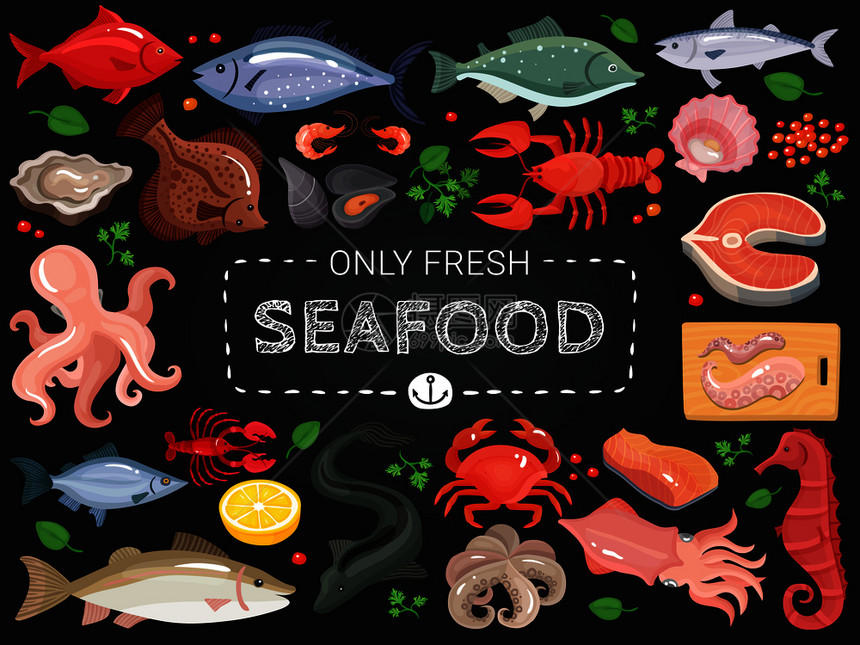 海鲜餐厅菜单项目彩色图标黑色黑板上与章鱼鲑鱼螃蟹海马鱼矢量插图海鲜彩色黑板菜单海报图片