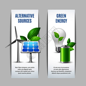 替代来源绿色能源垂直纸横幅与太阳能电池板,风力涡轮机,生态灯泡与植物标志,现实的矢量插图替代来源绿色能源横幅背景图片