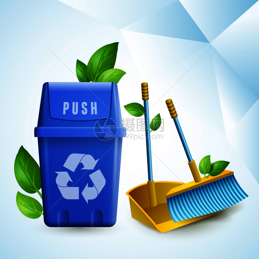 生态理念纸张风格与清洁工具垃圾容器与回收符号现实矢量插图生态清洁理念图片