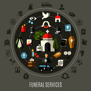 葬礼服务与照片教堂墓地汽车坟墓平矢量插图殡葬服务理念集图片