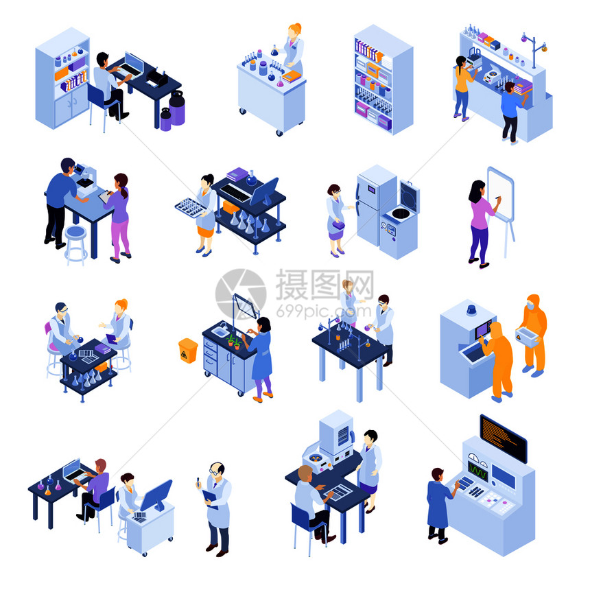 彩色等距科学实验室图标与实验室工作人员他们的工作场所矢量插图等距科学实验室图标图片