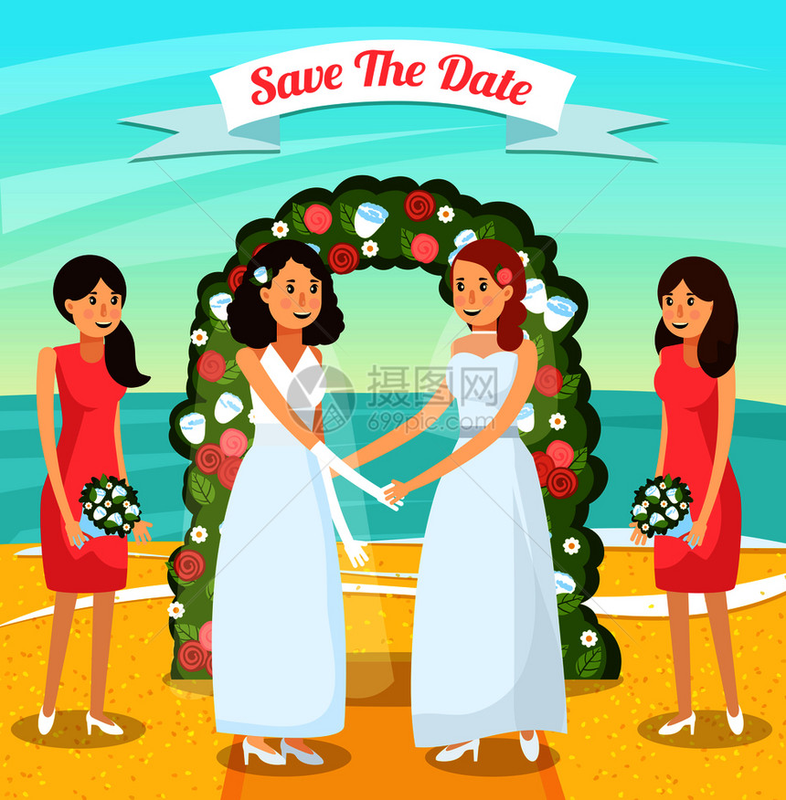 彩色平平婚人正交构图与两位女结婚矢量插图彩色婚礼人正交构图图片