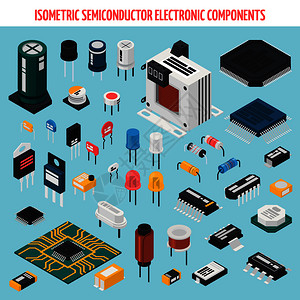 电路主板彩色隔离半导体电子元件等距图标主板芯片其他元素矢量插图半导体电子元件等距图标集插画