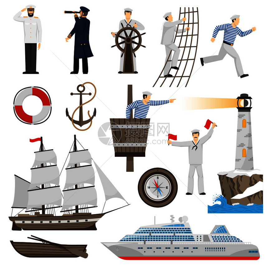 老式帆船现代邮轮平图标锚舵罗盘矢量插图帆船船只属图标图片
