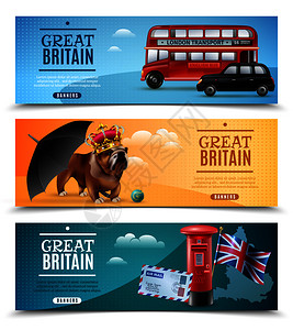 旅游业广告素材套带大列颠旅游符号的水平横幅,包括雨伞邮筒斗牛犬矢量插图大列颠旅行横向横幅插画