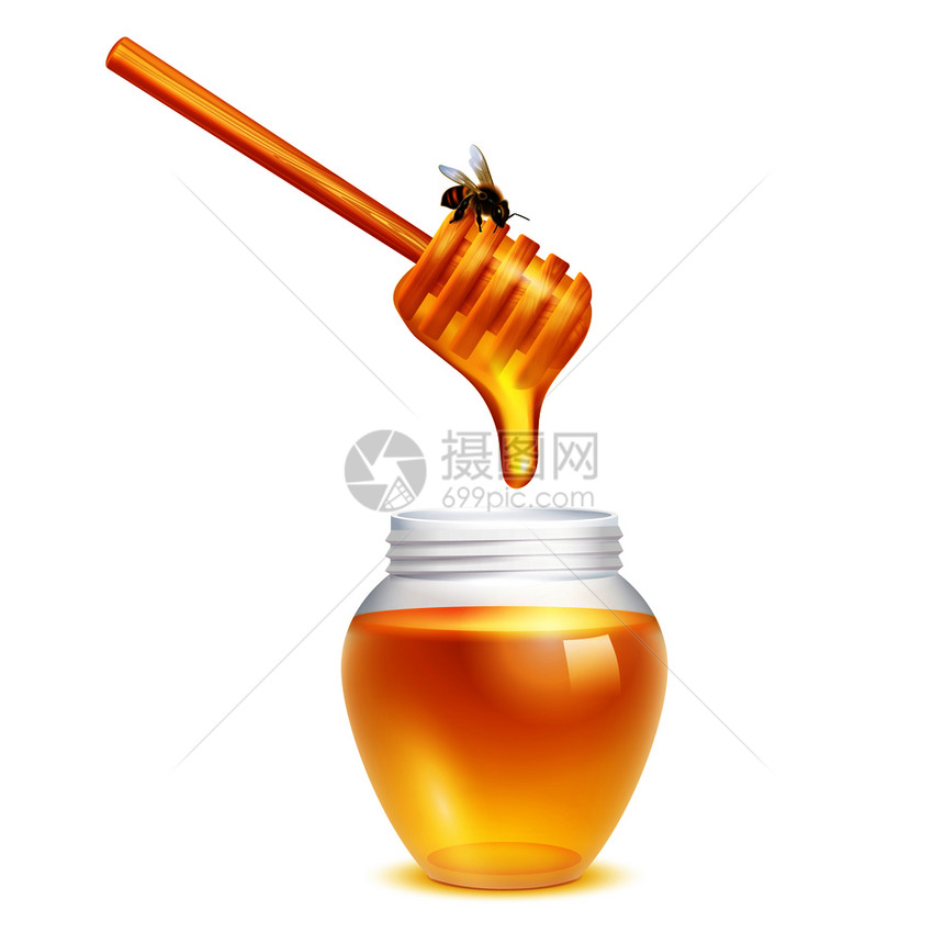 蜂蜜滴北斗七星棒与蜜蜂璃瓶现实的白色背景矢量插图蜂蜜滴璃瓶里图片
