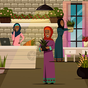 阿拉伯女构图与花卉房屋内部平矢量插图阿拉伯女人的成图片