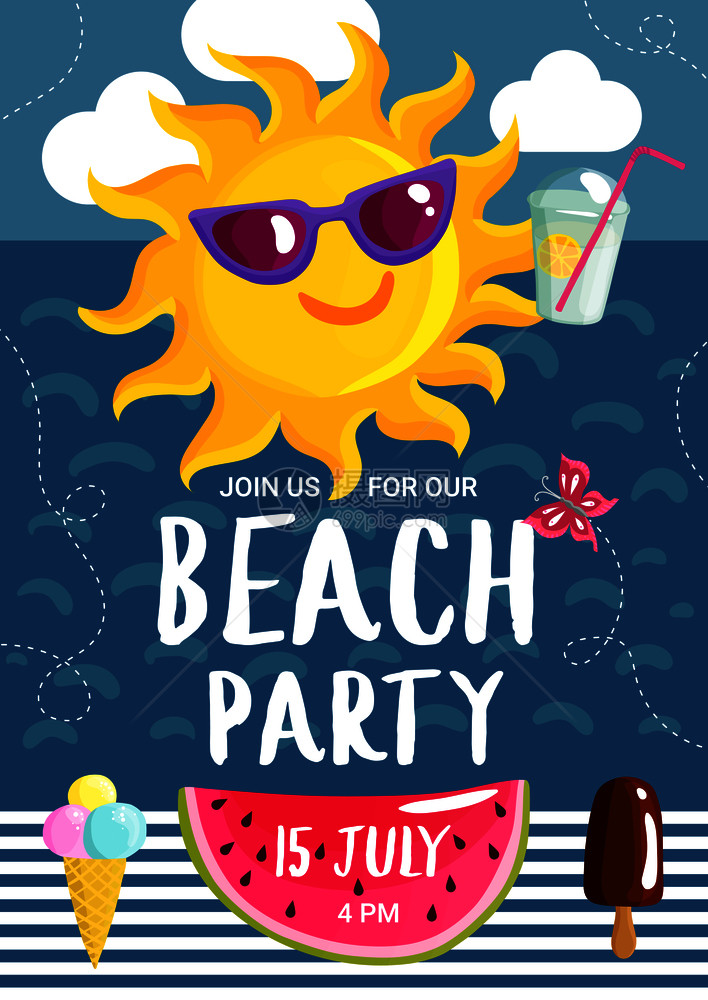 海滩派海报与夏季太阳太阳镜与鸡尾酒天空的海洋背景矢量插图夏日海滩派海报图片