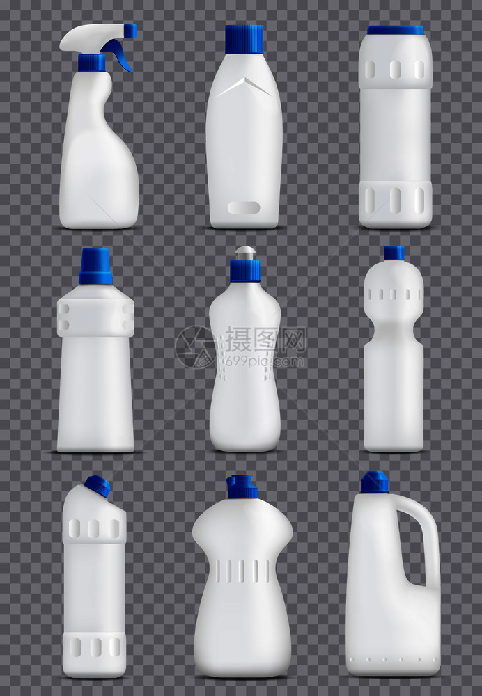 洗涤剂瓶现实的套塑料包装形状的家庭化学品与同的泵盖矢量插图洗涤剂瓶包装收集图片