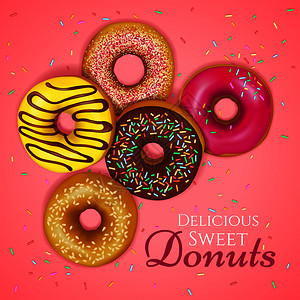 美味的甜甜甜圈与洒彩色浇头粉红色背景现实矢量插图现实的甜甜圈插图图片