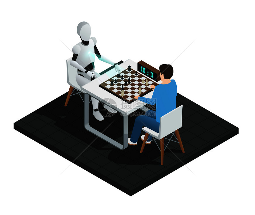 彩色逼真人工智能等距合成机器人下棋与人矢量插图人工智能等距成图片
