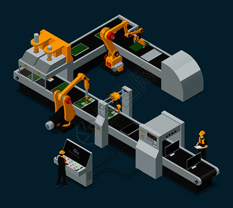 彩色电子工厂设备人员等距成与工作流程工厂矢量插图电子厂设备人员等距成背景图片
