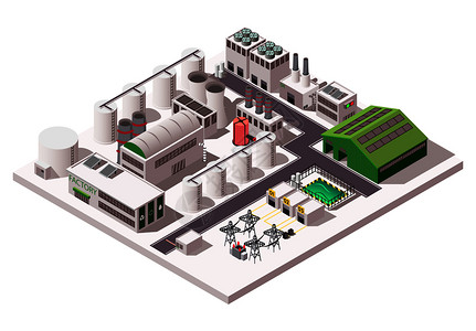 白色城市背景大工厂工业等距成的白色背景三维矢量插图工厂等距成分插画