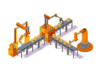 带式输送机输送机设备等距成与机器人手焊接盒子线三维矢量插图输送机设备等距成插画