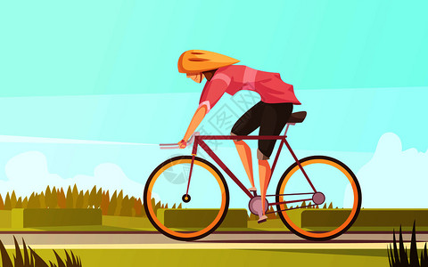 女运动员复古卡通构图与平女人物骑自行车头盔与郊区风景矢量插图骑自行车的女人作文背景图片