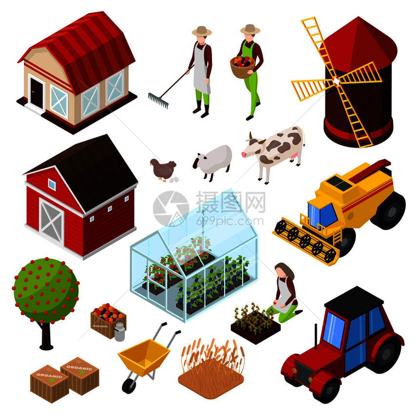 机农业产品等距图标与图片,农业,建筑,农场动植物矢量插图农场等距元素集图片