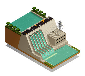 长江三峡水电站生态绿色能源可再生发电等距成与水电站设施矢量图绿色能源水电等距成插画