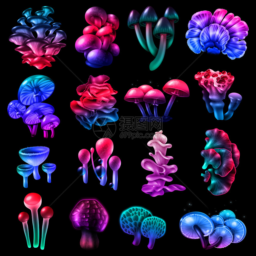 五颜六色的同形状的魔法蘑菇,火花气泡液滴,收集黑色背景上的孤立矢量插图五颜六色的魔法蘑菇收藏图片
