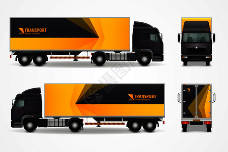 真实的货车模型与前,侧后视图,黄色黑色广告矢量插图现实的货运车辆模型广告背景图片