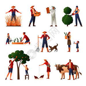 平图标与人农业,包括养蜂人,园丁,农业与收获矢量插图人们农业平图标背景图片