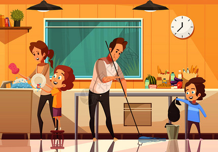厨房洗涤孩子们帮助父母清洁厨房复古卡通海报与扫地洗碗抽象矢量插图孩子们清理卡通海报插画