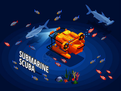 深海浮潜水肺潜水浮潜等距成与橙色浴袋包围同的鱼海藻与文本矢量插图潜水器等距背景插画