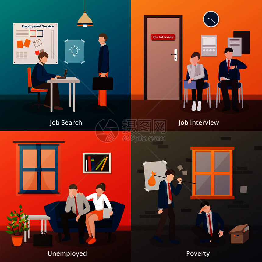 失业的人扁平的2x2与露脸的涂鸦,人类的高兴的解雇办公室工作人员矢量插图冗余工人的理念图片