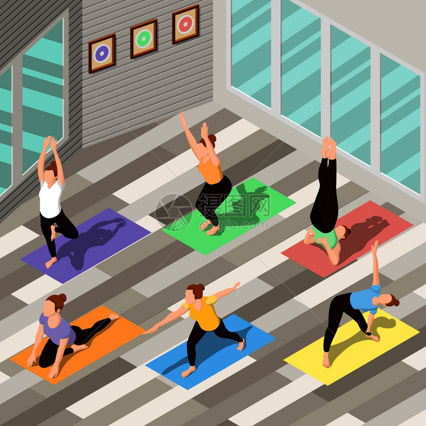 等距背景与人们瑜伽五颜六色的地毯宽敞的健身工作室3D矢量插图等距瑜伽背景图片