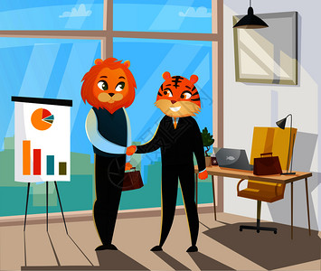 商业动物海报与猫老虎握手后,完成交易矢量插图商业动物海报图片