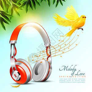 头戴式收音机逼真的白色橙色耳机海报与飞行金丝雀,音乐音符,绿叶上的光背景矢量插图逼真的耳机海报插画