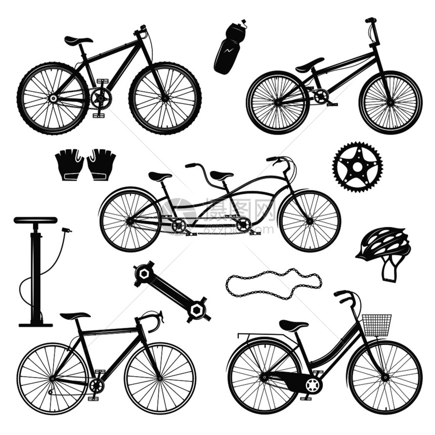 自行车复古元素收集轮廓图像与同的自行车模型,备件配件矢量插图自行车复古元素集图片