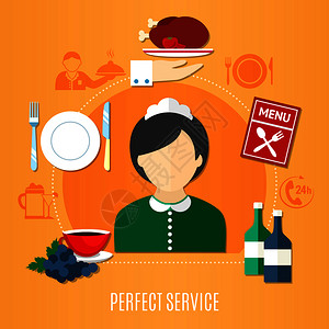 餐厅服务理念与女服务员剪影,并橙色背景平矢量插图上提供菜肴餐厅服务理念图片