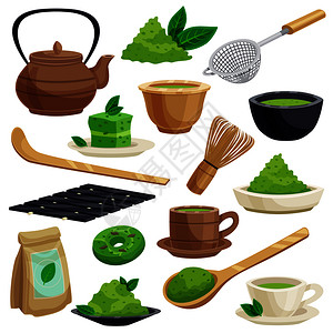 日本传统茶道图标包括绿抹茶粉工具搅拌碗勺茶壶矢量插图日本茶道图标插画