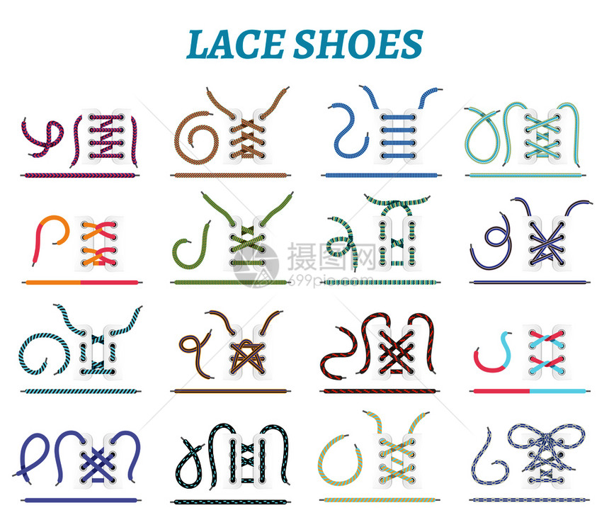 运动鞋,运动鞋靴子花边技术16图标收集宽窄脚孤立矢量插图鞋花边方法图标图片