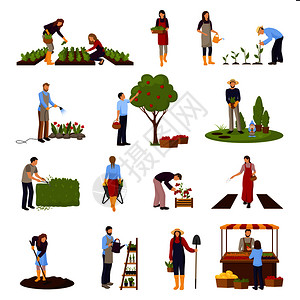 园艺园艺平与人们种植植物,花卉,水果,销售作物矢量插图人园艺集图片