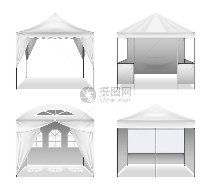 套逼真的户外折叠帐篷,各种,包括拱形窗户,圆顶屋顶孤立矢量插图实用的户外折叠帐篷图片