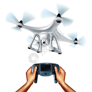 无人机摄影现实的无人驾驶飞机与数码相机手遥控装置白色背景隔离矢量插图现实的无人机插图插画