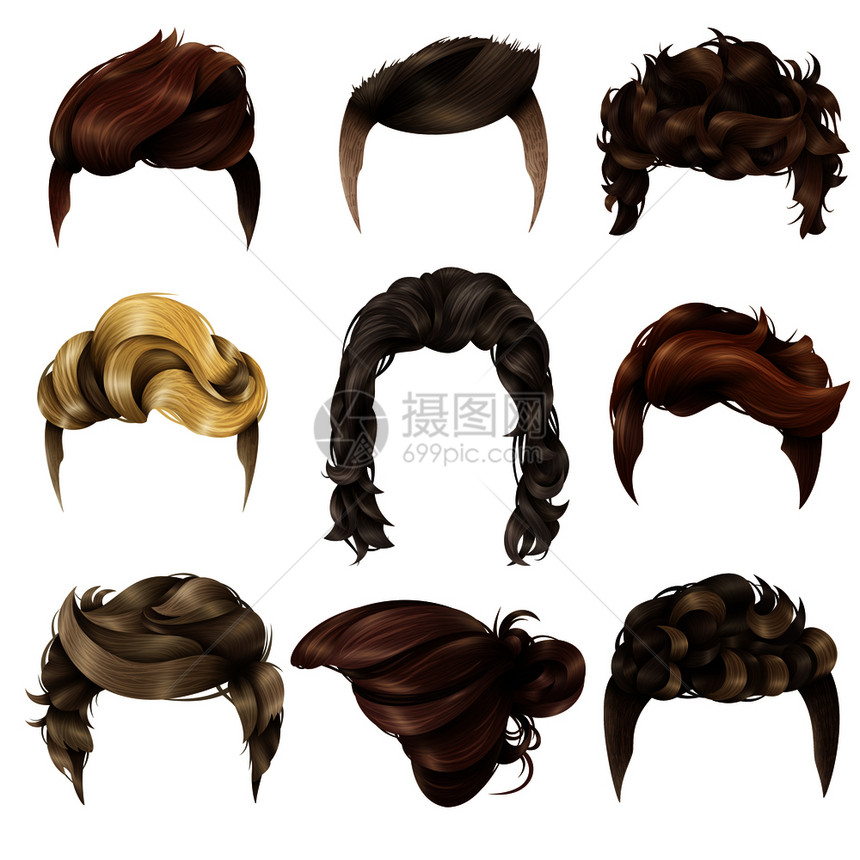现实的男人发型了九个图像,为同长度颜色矢量插图的头发男发型写实收藏图片