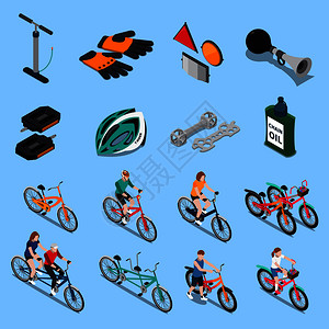 骑自行车图标彩色等距自行车等距图标与运动员及其设备的TRIPS矢量插图自行车等距图标插画