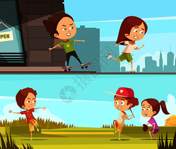 孩子们户外运动水平横幅,孩子们骑溜冰鞋滑板上的平卡通矢量插图孩子们户外运动水平横幅背景图片