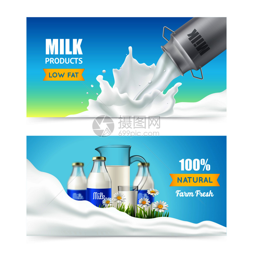 牛奶产品水平横幅钢奶油罐璃瓶花卉图像与文本矢量插图低脂牛奶横幅图片