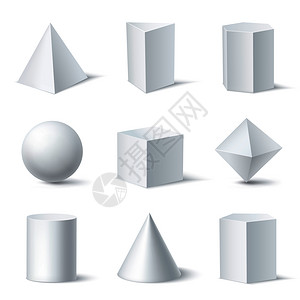 大小五角形真实的白色几何形状与9个实体物体清晰的背景与阴影矢量插图三维形状白色集合插画