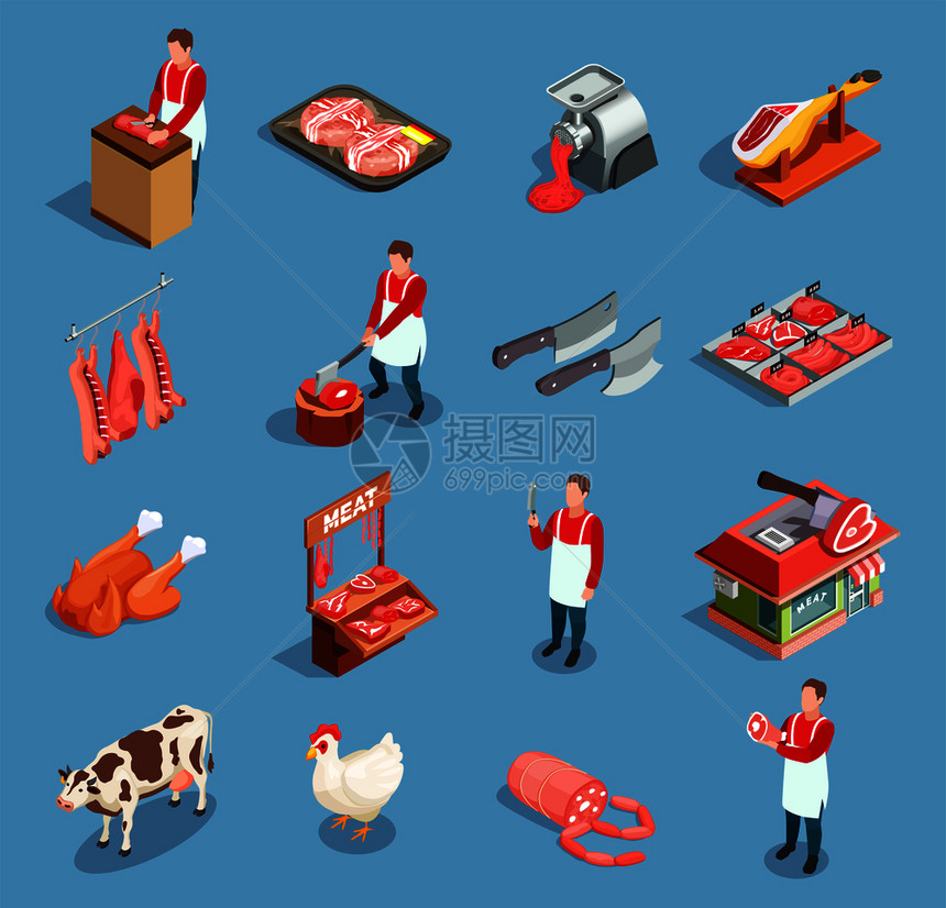肉店屠夫等距的图标与农场动物,人类的角色半雕肉矢量插图肉类市场图标图片