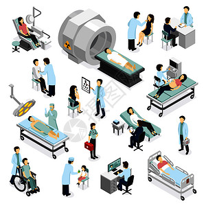 医生病人临床等距图标与现代医疗诊断手术设备矢量插图诊所的医生病人图片