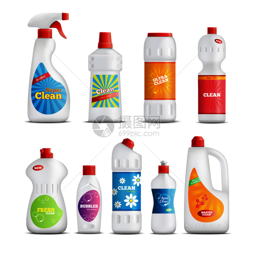 洗涤剂瓶现实身份收集与品牌包装的家庭护理产品,厕所浴室清洁矢量插图家用化学品套装图片