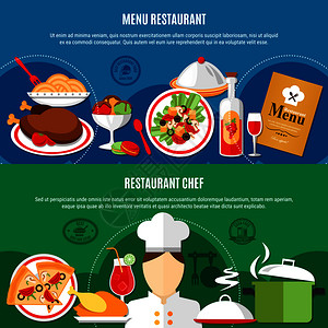 水平横幅餐厅厨师菜单隔离绿色蓝色背景平矢量插图餐厅水平横幅图片